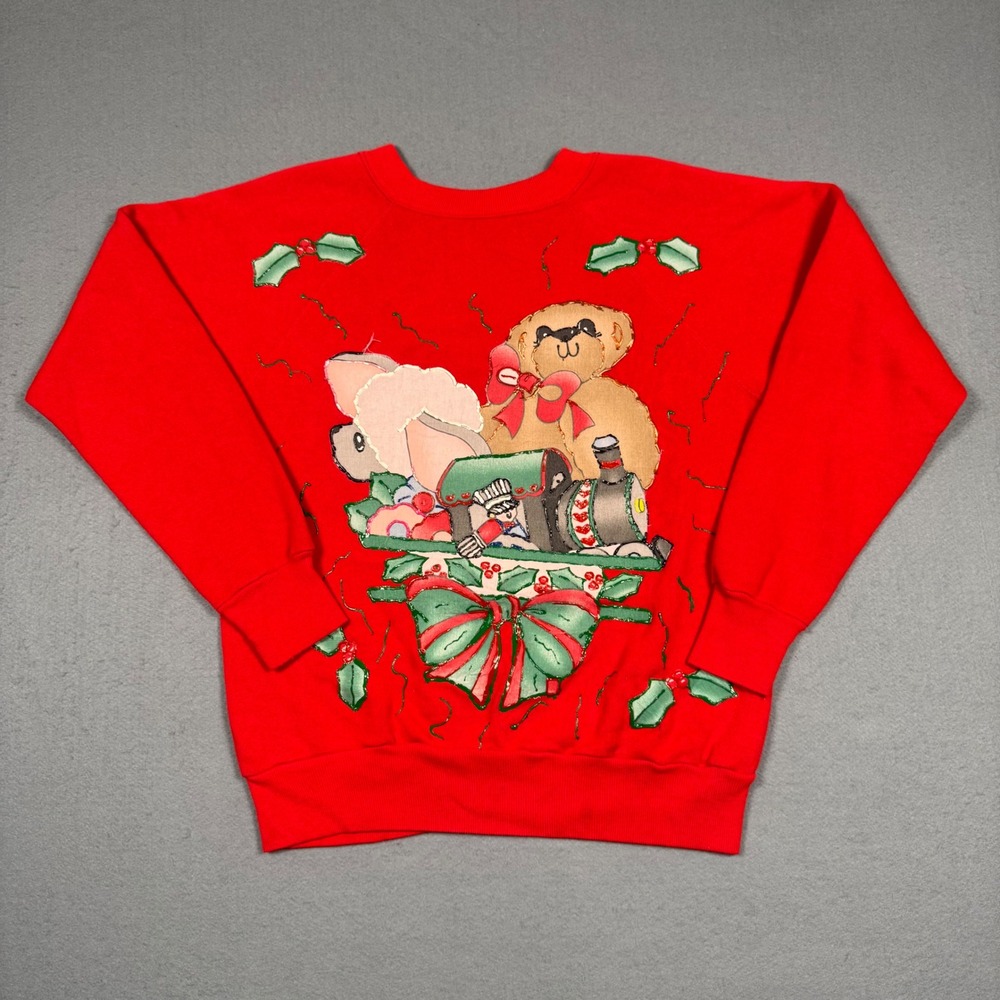 Vintage Pannill Ugly Christmas Sweatshirt Medium Red Teddy Bear Train USA Made